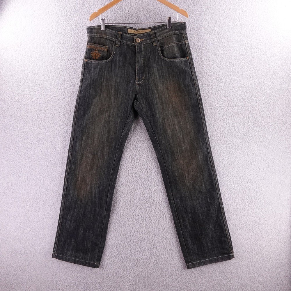 Koman Mens Dark Wash Fleur De Lis Embroidered Straight Leg Jeans 36x32 Baggy Y2K